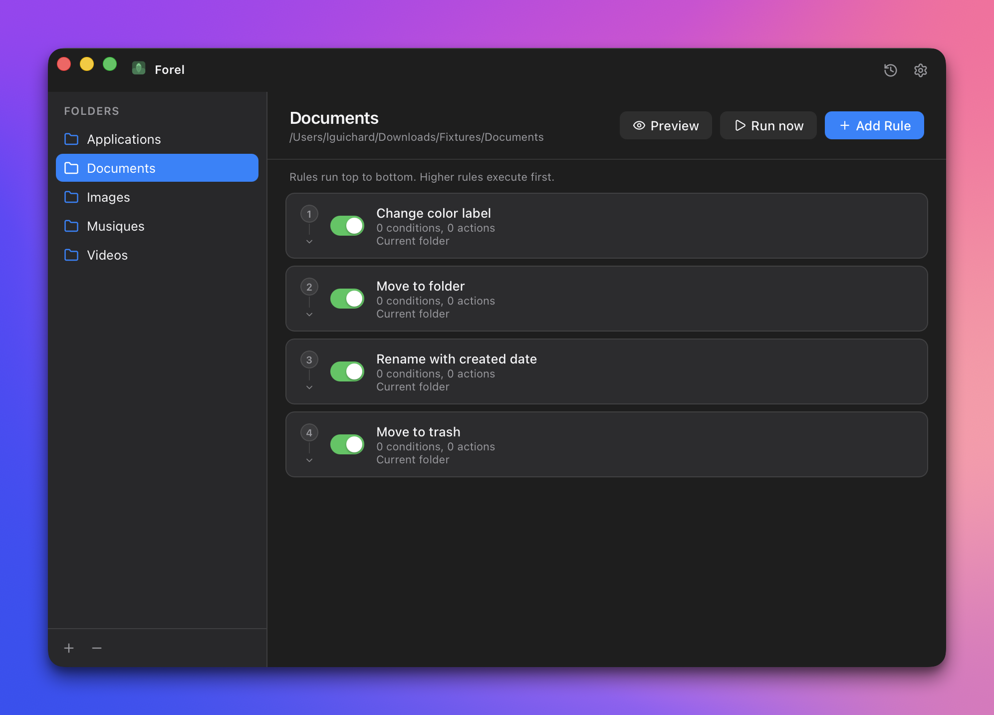 Forel main window showing watched folders and rules