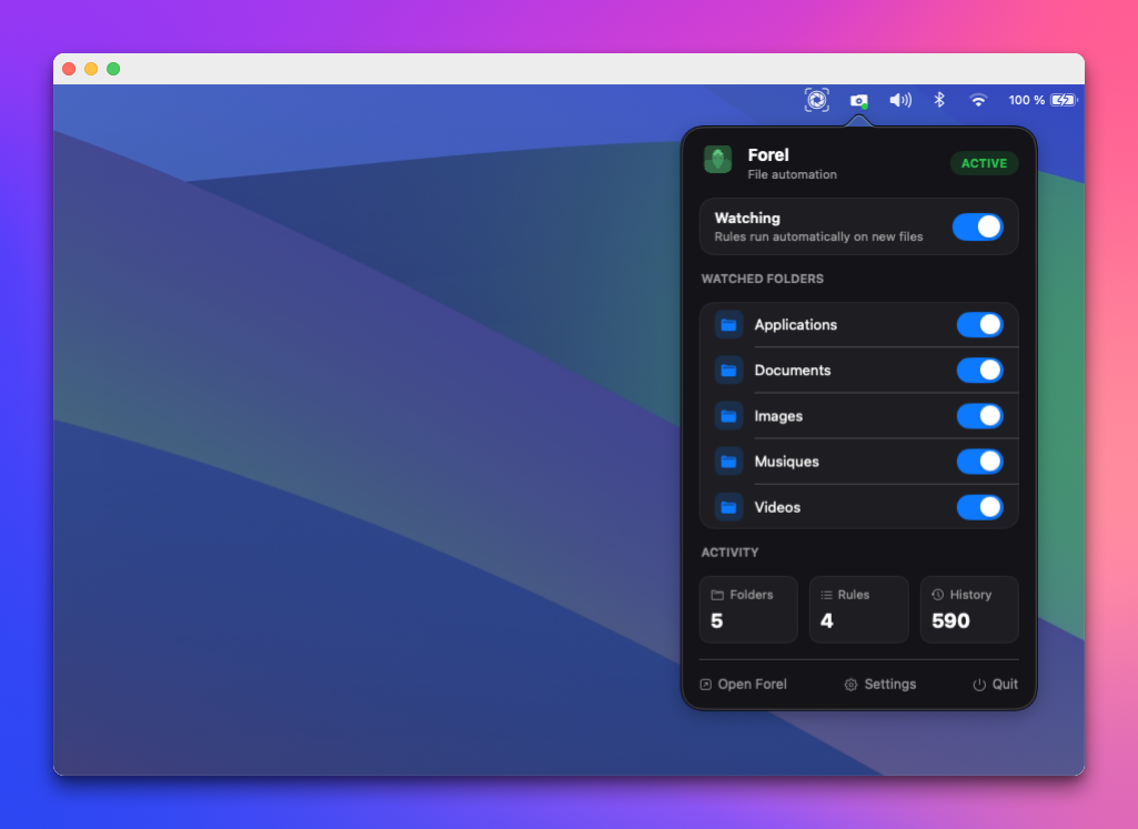 Forel rules list view with multiple active rules